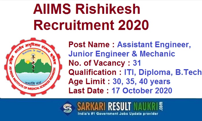 AIIMS Rishikesh JE Recruitment 2020
